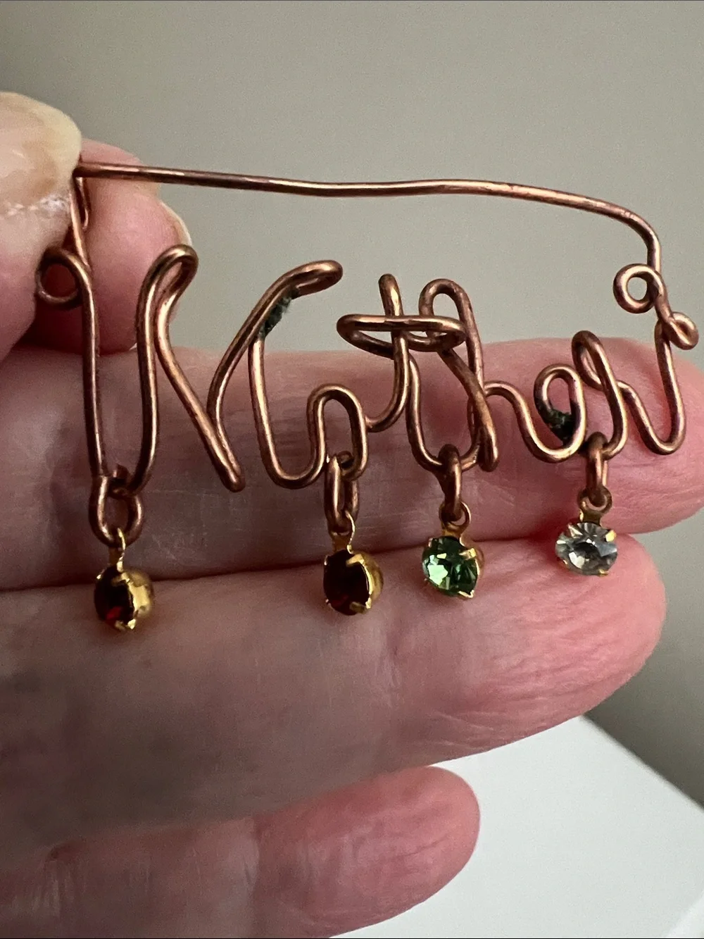 Vintage Copper 'Mother' Wire Brooch Pin with Colored Crystal Drops